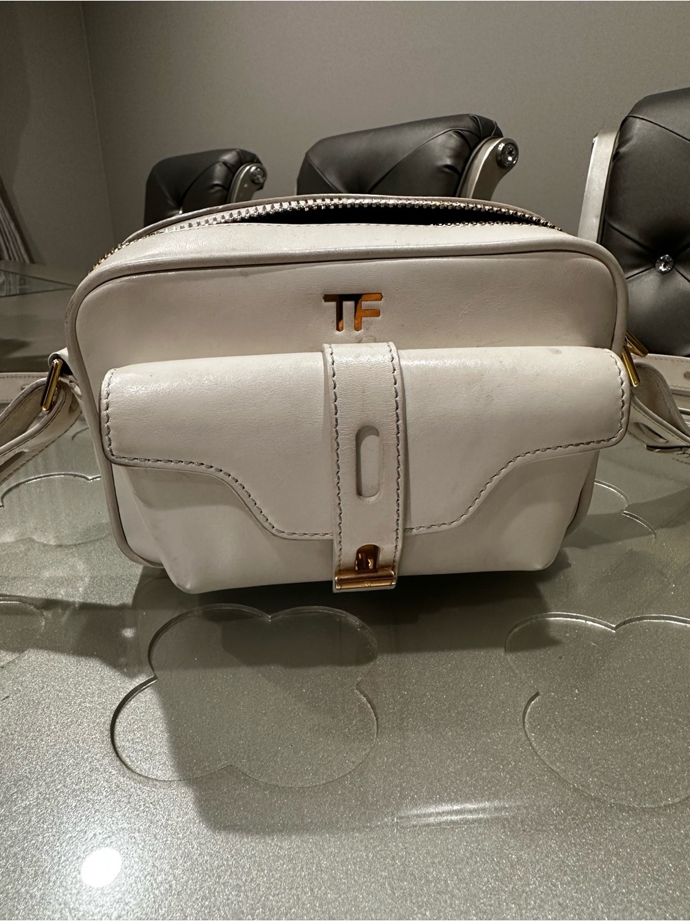 Tom Ford White Leather Crossbody with Front Pocket and Gold Hardware